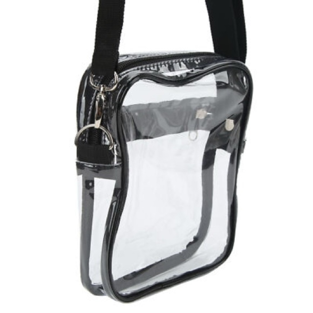 Clear Black Trim Crossbody Bag.  Offers welcome